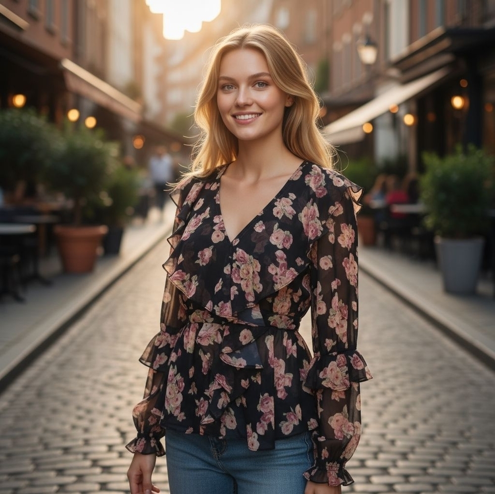 Topshop Black Sheer Floral Ruffle Blouse with Pink Roses